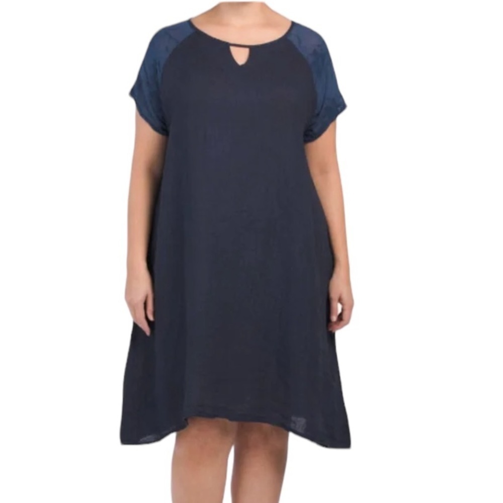 Marina Innocenti blue 100% linen shift dress with floral embroidered sleeves